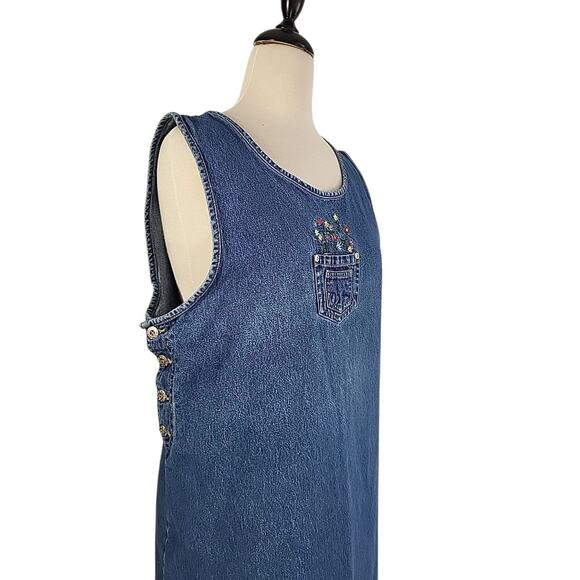 VTG 90s Denim Embroidery Floral Midi Dress L Blue Cottage Country Western Rustic - Picture 3 of 12